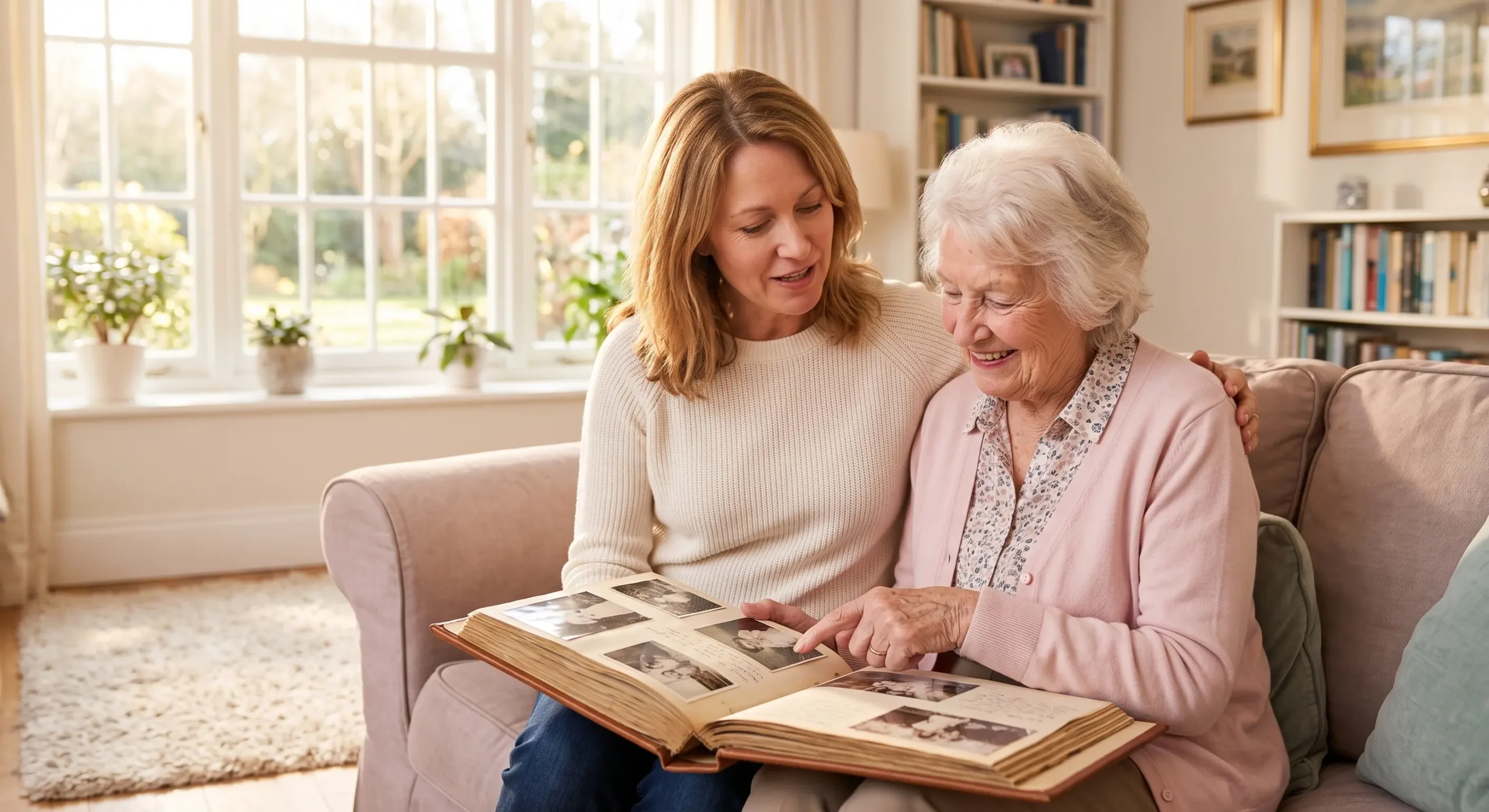 Adult daughter sitting close to her elderly mother, talking warmly and gently with her at home