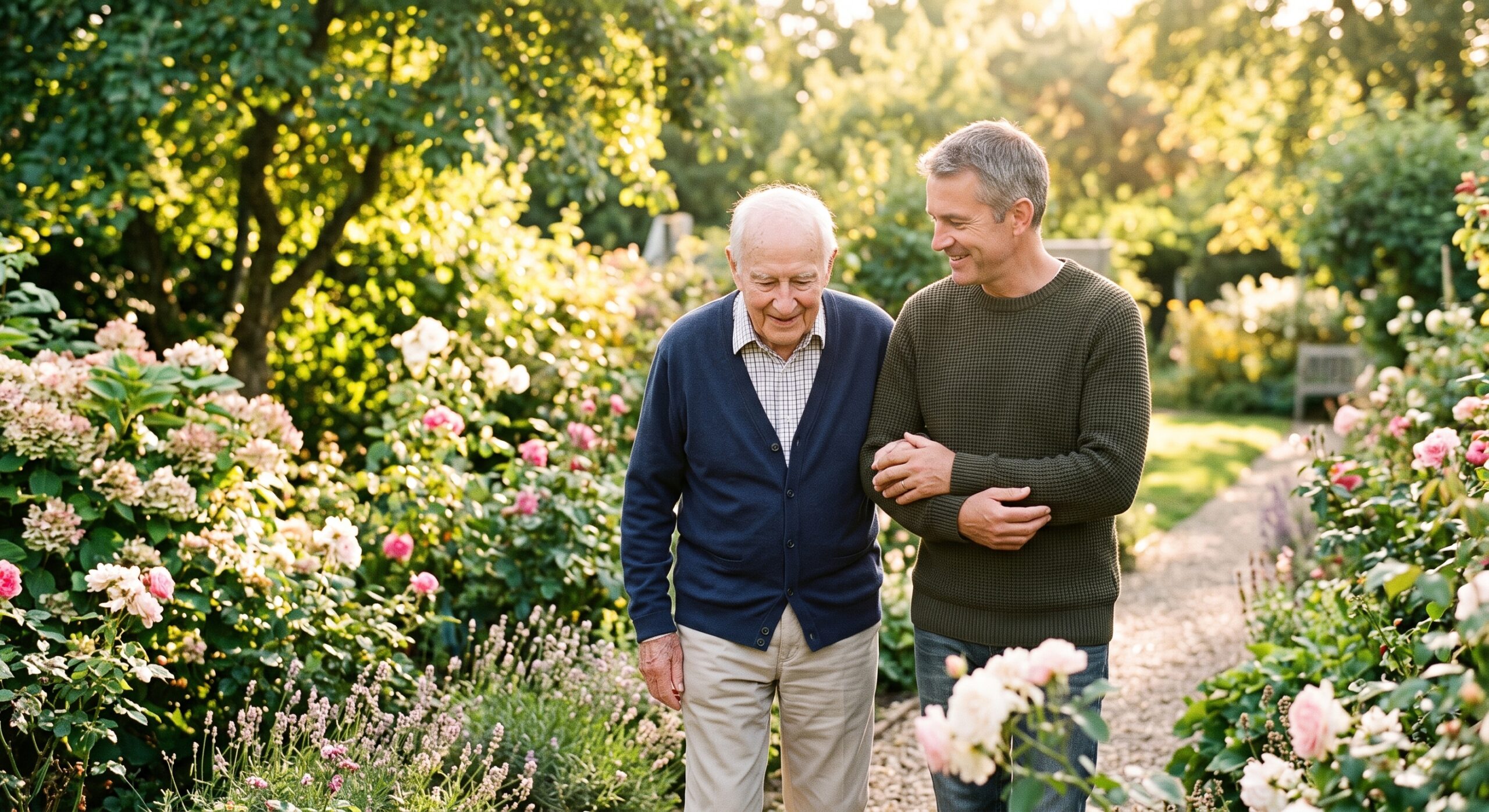 An adult son walking outdoors with his elderly father, caring for a loved one with dementia