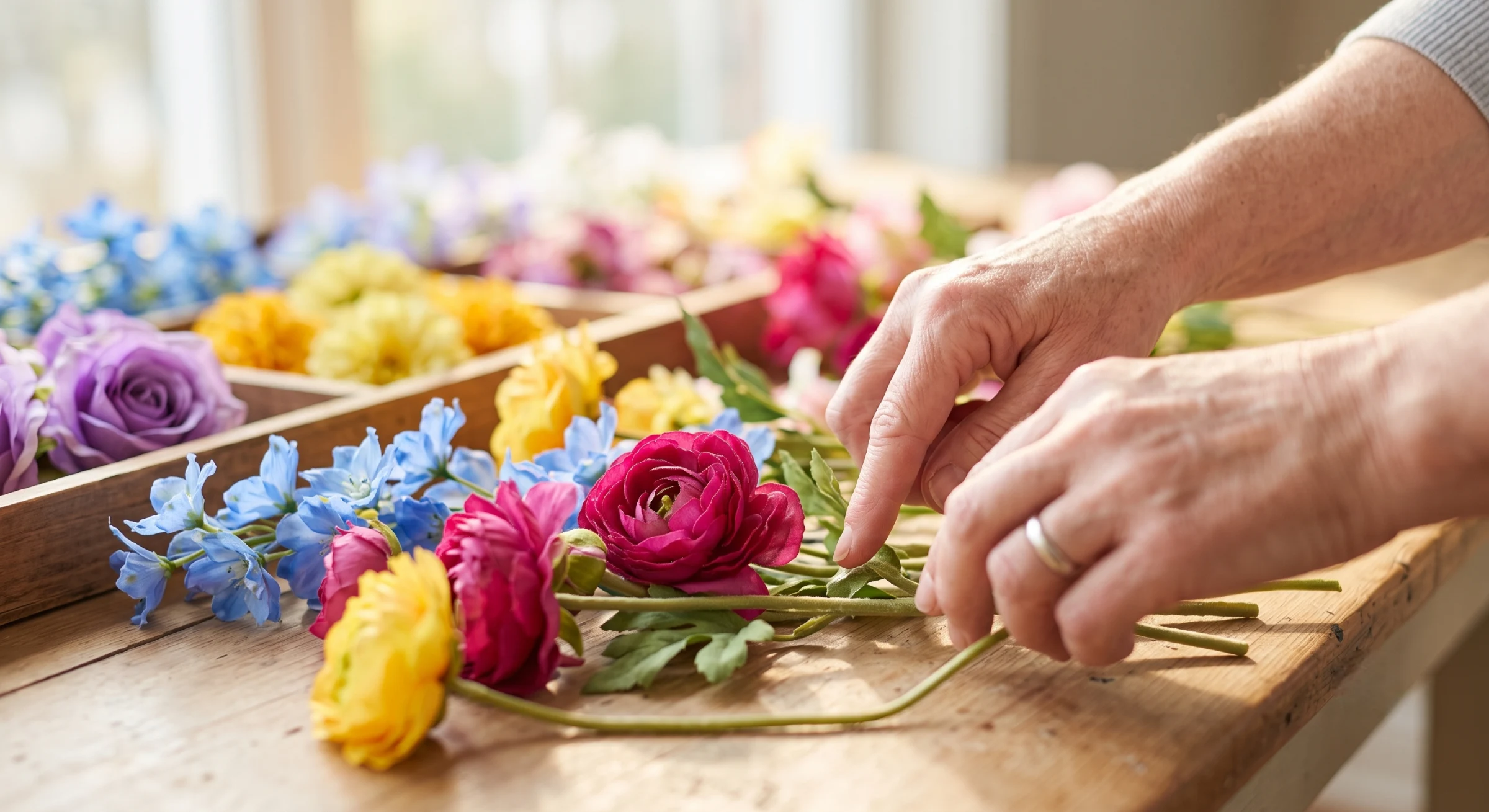 Close-up of an older woman's hands arranging bright silk flowers on a sunlit wooden table, soft natural light, warm and calm composition.