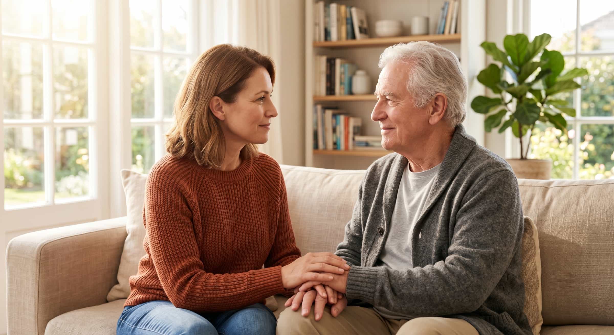 Adult daughter calmly holding her elderly father's hand while talking with him at home.
