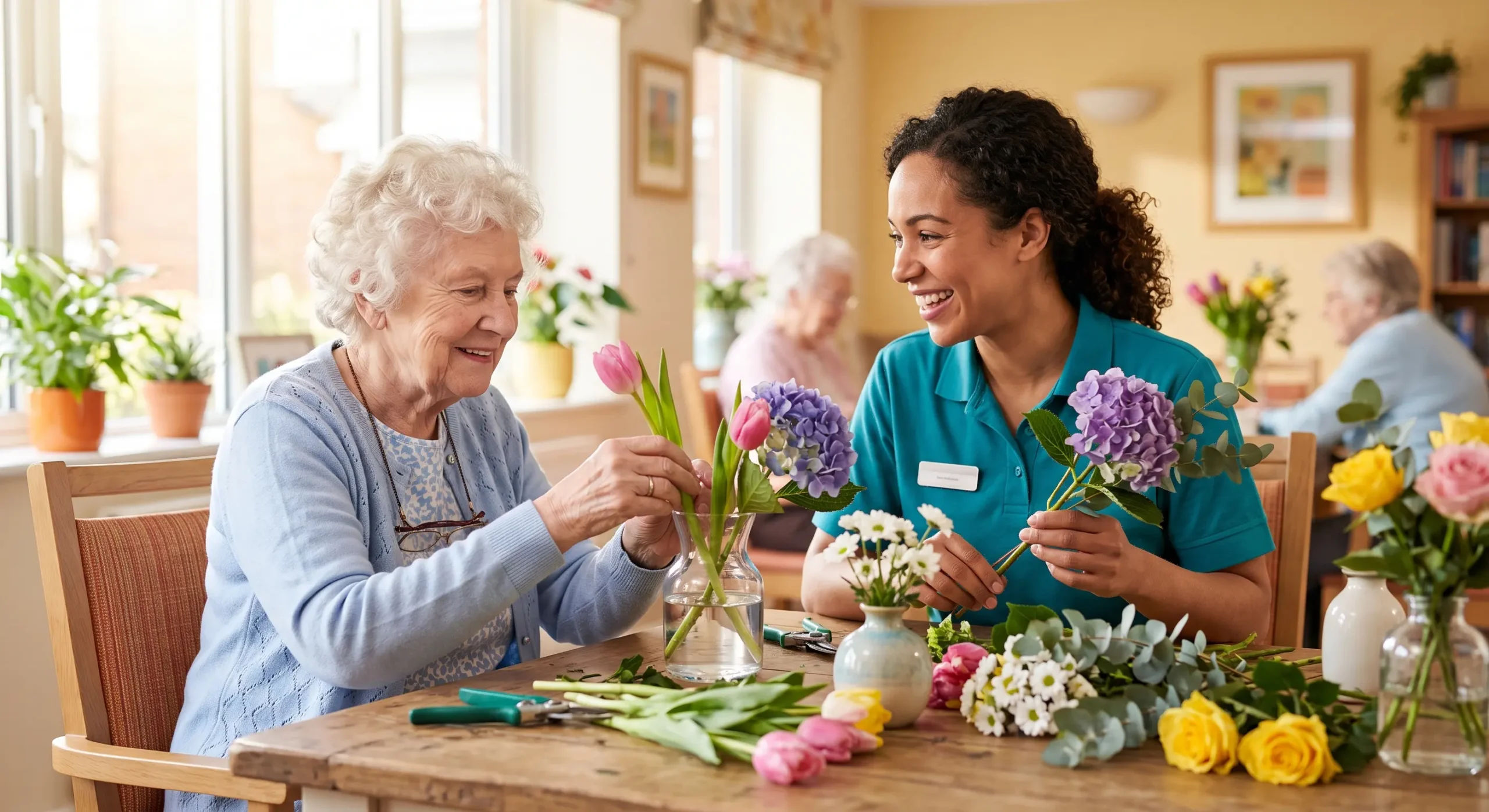 Caregiver and older woman doing a flower-arranging activity together in memory care.