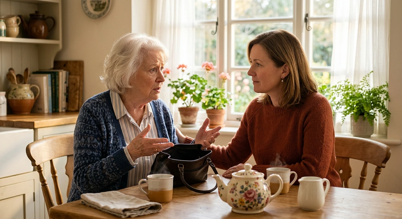 Adult daughter sitting calmly beside her older mother at a sunlit kitchen table