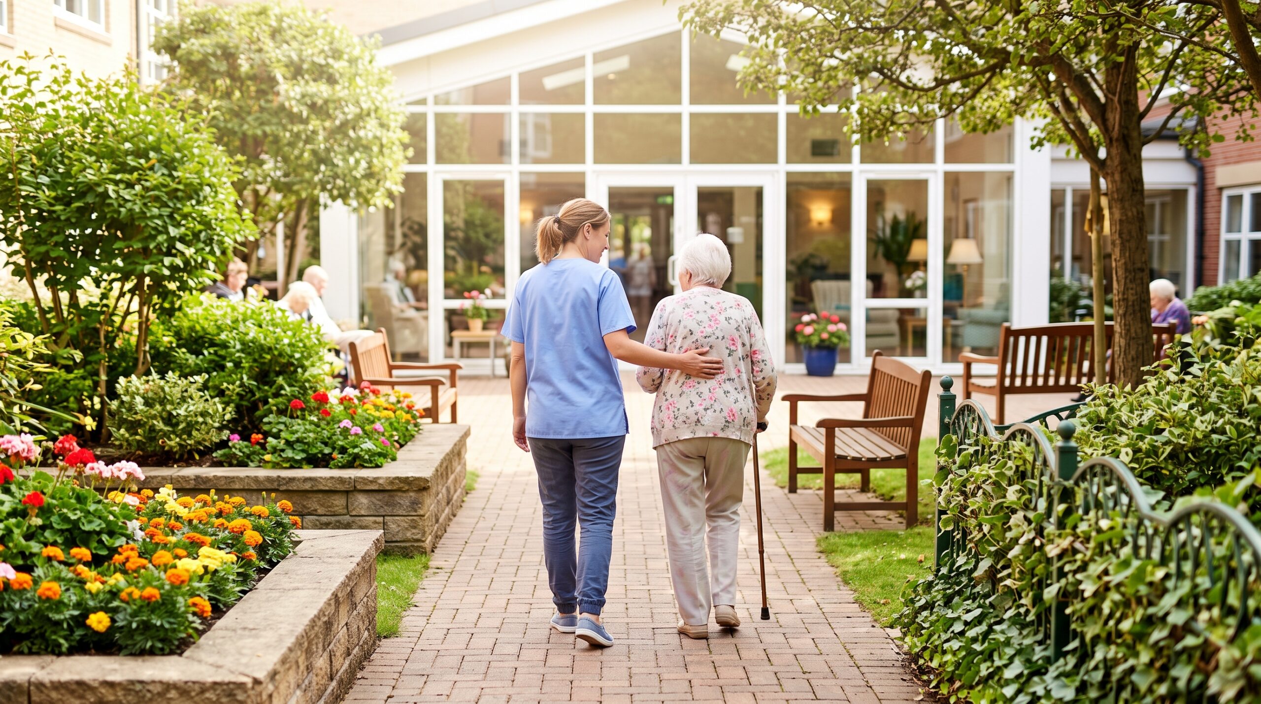 a caregiver walking with an elderly resident through a sunlit care community garden courtyard
